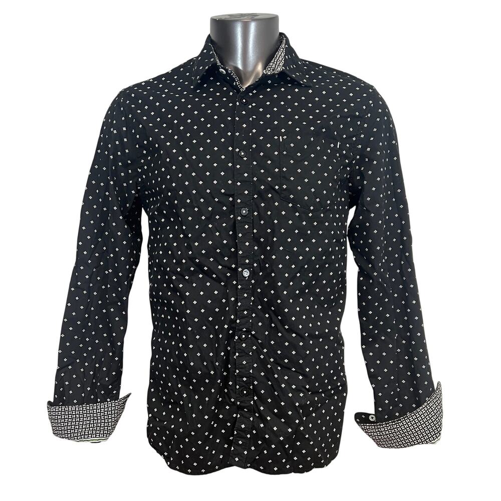 Across The Pond Men's Button Up Shirt Black White Geometric Flip Cuff Size L